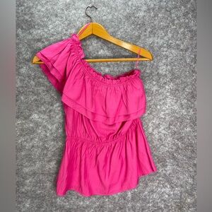Vine And Love Women’s Pink Ruffle One Shoulder Top Large Kiki Single Shoulder